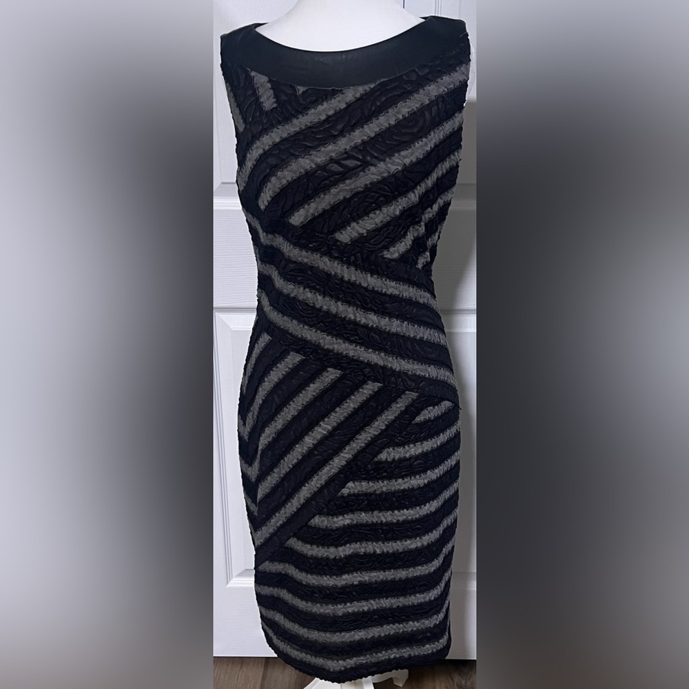 Joseph Ribkoff Sleeveless Black & Gray Textured Striped Dress With Leather Trim